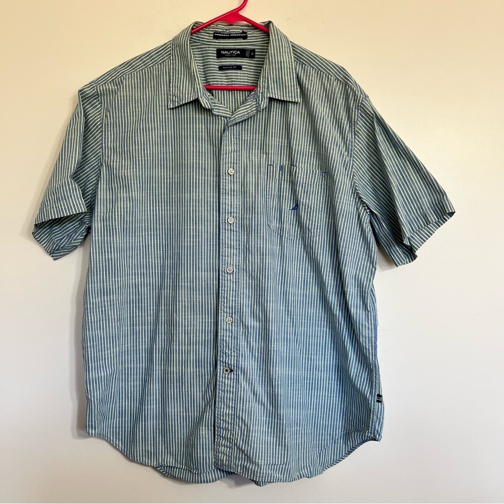 Men's Nautica Classic Short Sleeve Button Down Shirt Blue Yellow Stripes Size XL